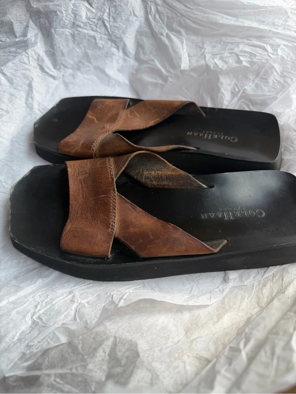 Cole Haan Men's Brown Leather Slide Sandals with Black Footbed